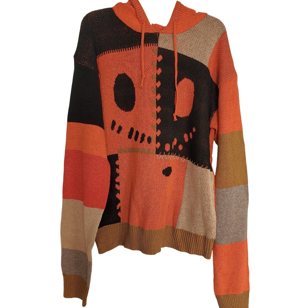 Color Block Spooky Face Hoodie Sweater Orange Black Tan Red Knit‎ Casual Lg?